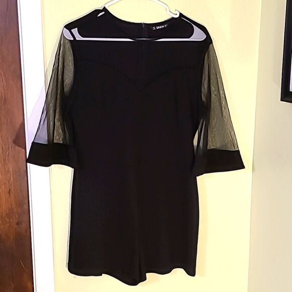 Shein One-piece Short Romper, Black with Sheer Sleeves, Size Large, NWOT - Picture 1 of 7